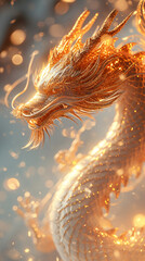 Golden dragon statue with golden bokeh background, close-up, chinese new year theme