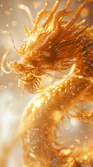 Golden dragon statue with golden bokeh background, close-up, chinese new year theme