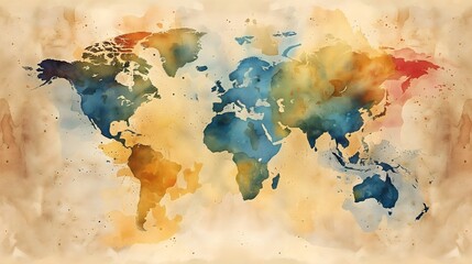 World in hues: Immerse yourself in the vibrant hues of a watercolor world map, a captivating addition to travel-themed visuals.