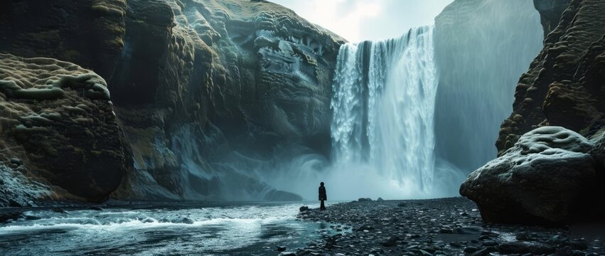 Icelandic Elegance: Waterfalls by Moonlight, Generative AI