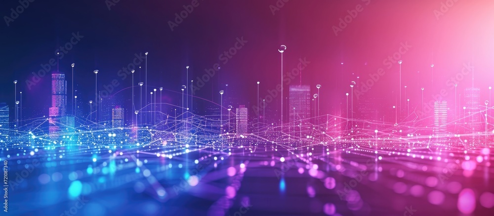 Poster the concept of connecting smart cities and abstract dot points with gradient lines embodies big data