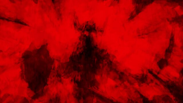 Fury sword 2D animation in horror fantasy. Scary video clip with a knight inhorned helmet waving a blade.Abstract ink splash style. Red and black background.