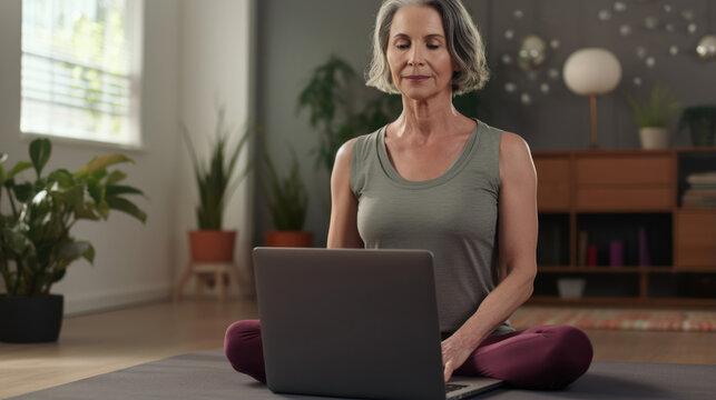 A senior yoga instructor guides an online class,  helping participants improve their flexibility and well-being through virtual wellness sessions