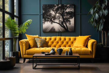 Bask in the warmth of a yellow sofa and coordinating table, enhancing the living space, with an empty frame ready for your creative expression.