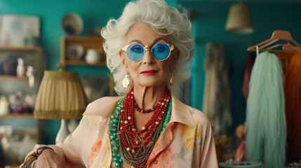 A senior fashionista showcases their unique thrift store finds,  proving that style is timeless and can be shared with an online fashion community