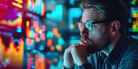 Close up shot of a focused man e-commerce analyst, deep in thought