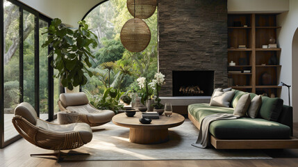A captivating mid-century modern living room showcasing a green lounge chair paired with a wicker round coffee table. 