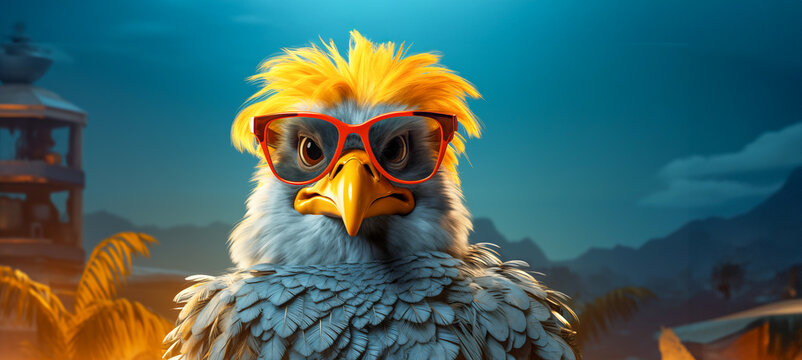 Funny punk chicken with sunglasses