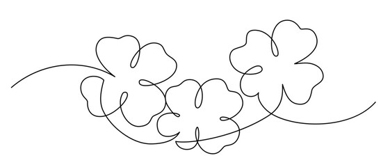 Clover leaves one line art drawing. Floral single continuous line hand drawn style decoration. Black and white minimal vector illustration.