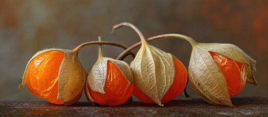 Physalis peruviana, a plant that thrives in long warm summers, has velvet leaves and eventually yields an orange fruit encased in a dried calyx similar to a lantern. - obrazy, fototapety, plakaty