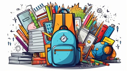 Back to school supplies vector: doodle backpack with notebooks, pen, pencil, scissors, and calculator – educational illustration