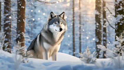 Naklejka premium Silent Majesty: Grey Wolf Rests in Winter Woods Blanketed in Snow