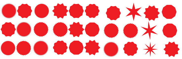 Starburst red sticker set - collection of special offer sale round and oval sunburst labels and buttons isolated on white background. Stickers and badges with star edges for promo advertising - obrazy, fototapety, plakaty