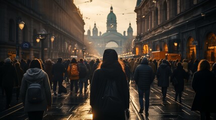 People walking down a sunset street - Powered by Adobe