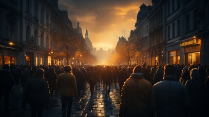 People walking down a sunset street - obrazy, fototapety, plakaty