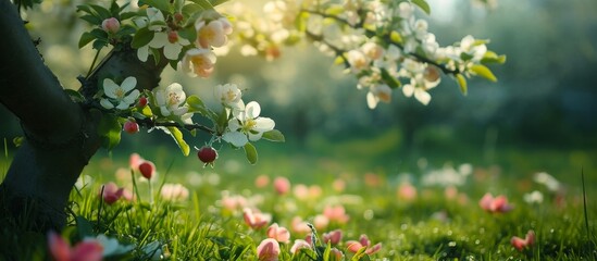 Lush Green Grass, Petals Blossom on the Apple Tree Amongst a Lot of Vibrant Blossom Petals and Lush Green Grass. - obrazy, fototapety, plakaty