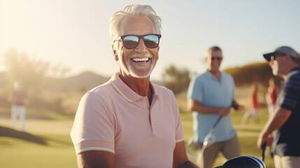 Seniors enjoy a day at the golf course,  capturing picturesque views and their best swings to share with fellow golf enthusiasts online