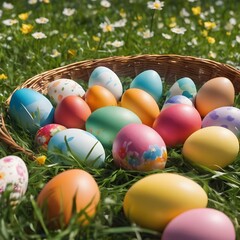 Fototapeta na wymiar Easter - Painted Eggs In Basket On Grass In Sunny Orchard