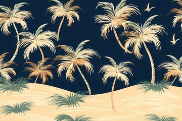Fototapeta na wymiar Abstract Tropical Seamless Vector Pattern with Hand Drawn Palm Trees and Dessert Islands Isolated on a Dark Blue and Beige Background Ideal for Fabric, Textile, Wrapping Paper.Aloha Party Print