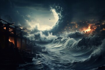 Apocalyptic dramatic background - giant tsunami waves crashing small coastal town, asteroid impact, end of world - obrazy, fototapety, plakaty