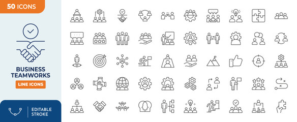 Business teamwork Line Editable Icons set. Containing collaboration, Research, Meeting and more. Editable stroke. Vector illustration	