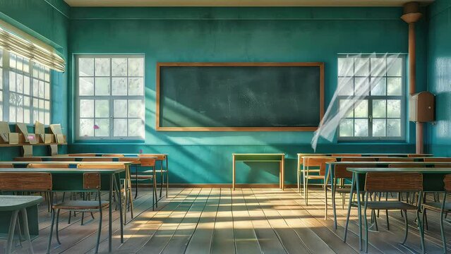 Animation empty school or university classroom with big chalkboard. seamless 4k video background. generated with ai
