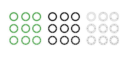 Circles divided in segments vector icons isolated on white background. Simple business chart examples.