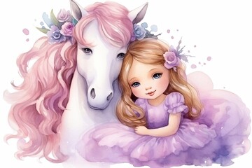 Beautiful cute little princess girl hugs baby unicorn. Hand drawn watercolor illustration