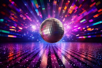beautiful disco shimmering ball and colorful stage, fun dancing and time travel