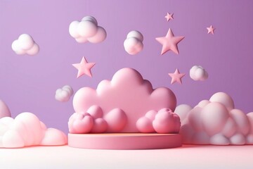 Clouds with podium, stars - badtime card. Sweet dream plasticine base background. Cute illustration in pastel colors. Minimal 3d art style. Empty space for advertising baby products