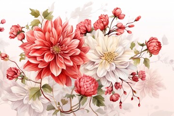 Chrysanthemums and Apple blossom for 8 March. Flower vector greeting card in watercolor style with lettering design


