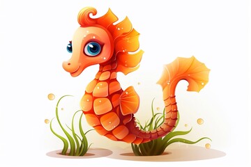 Cute cartoon orange seahorse. Isolated vector illustration