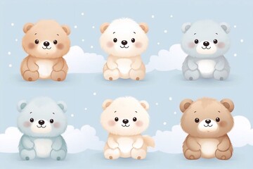 Cute Hand Drawn White and Brown Teddy Bear Vector Illustration Set. Lovely Nursery Art with Funny Bunny Dreamy Baby Bear.Fluffy Clouds on a Light Blue, Beige and White Background.Kids Room Decoration