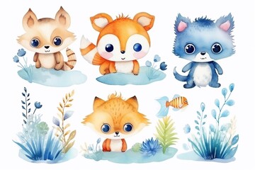 Cute little animals swimming in the water watercolor