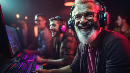 A senior gamer,  wearing a headset,  joins a remote group of friends for an immersive online gaming session,  proving age has no limits - obrazy, fototapety, plakaty