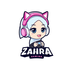 Cute muslim hijab anime gamer girl vector mascot logo