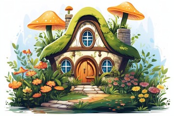 Fairytale garden house. Fantasy forest home. Cute tiny fancy gnome dwelling in nature among flowers, leaf plants. Fairy-tail building. Flat graphic vector illustration isolated on white background