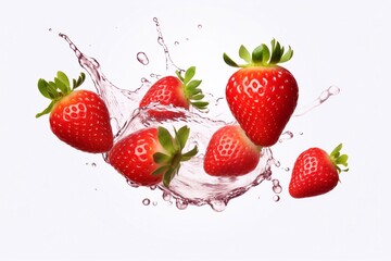 Many Falling juicy ripe strawberries with green leaves isolated in splashes of water. Defocused flight of strawberry berries. Used for advertising juice