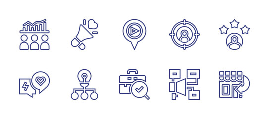 Marketing line icon set. Editable stroke. Vector illustration. Containing location, target, briefcase, marketing plan, consumer, customer feedback, loudspeaker, engagement, back in store, idea.