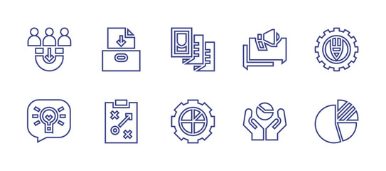 Marketing line icon set. Editable stroke. Vector illustration. Containing acquisition, consulting, brochure, management, project, discussion, graphic, pie chart, analysis.