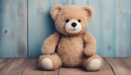 Cute teddy bear on blue color wood background.