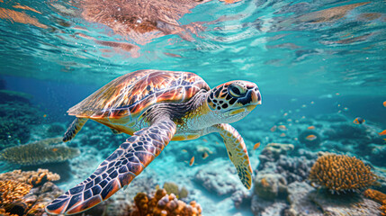 A graceful sea turtle is swimming near the vibrant coral reef, surrounded by tropical fish, under the glistening sunlit ocean surface.