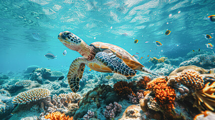 Fototapeta premium A graceful sea turtle is swimming near the vibrant coral reef, surrounded by tropical fish, under the glistening sunlit ocean surface.