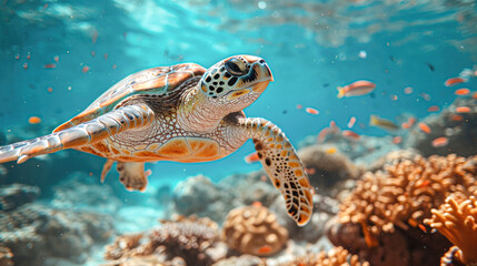 A graceful sea turtle is swimming near the vibrant coral reef, surrounded by tropical fish, under the glistening sunlit ocean surface.