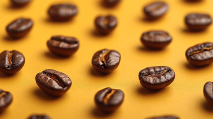 Aromatic Coffee Beans Arranged on a Bright Yellow Backdrop