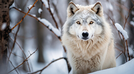 Obraz premium Intense gaze of a grey wolf standing among white birch trees in a snow-covered forest, showcasing wild beauty.