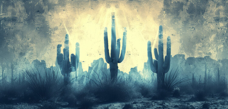 Grunge textured cacti blending with an urban abstract vibe.