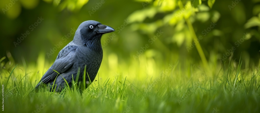 Poster Stunning Jackdaw (Corvus monedula) Captured in Lush Grass Meadow