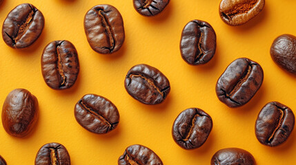 Roasted Coffee Beans Scattered on Vibrant Yellow Background