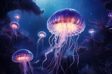 Naklejka premium Glowing jellyfish swim deep in blue sea. Medusa neon jellyfish fantasy in space cosmos among stars